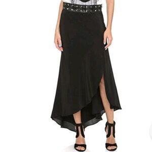 Haute Hippie 100% Silk Maxi Skirt Lamb Skin Leather Grommet Whimsy Goth Black